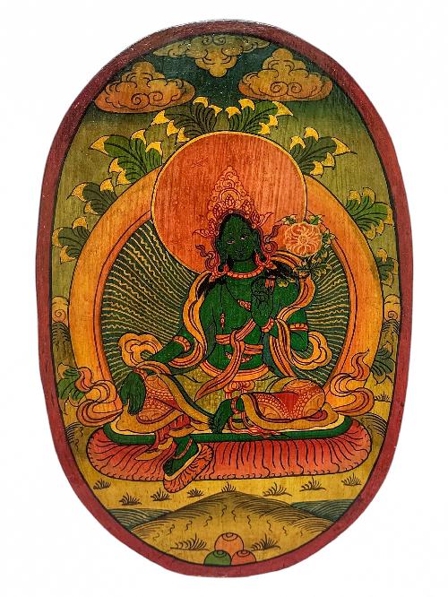 Wooden Thangka Or Wall Hanging Of Green Tara, [natural Colour Finishing], Hand Painted