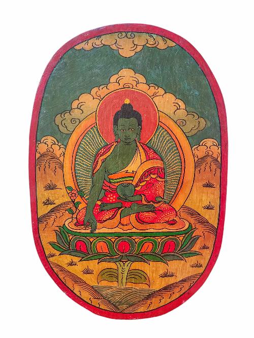 Wooden Thangka Or Wall Hanging Of Medicine Buddha, [natural Colour Finishing], Hand Painted