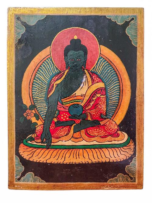 Wooden Thangka Or Wall Hanging Of Medicine Buddha, [natural Colour Finishing], Hand Painted