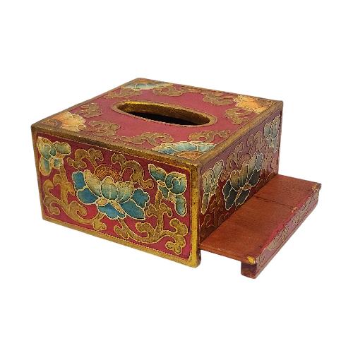 Wooden Serviette Napkin Holder,with [red] Painted, [lotus] Design, Tissue Box