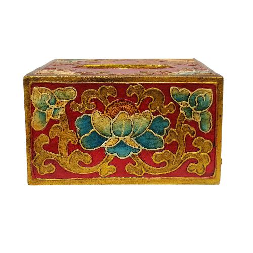 Wooden Serviette Napkin Holder,with [red] Painted, [lotus] Design, Tissue Box