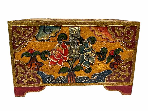 Tibetan Ritual Wooden [flower] Design Box, Traditional Color Painted