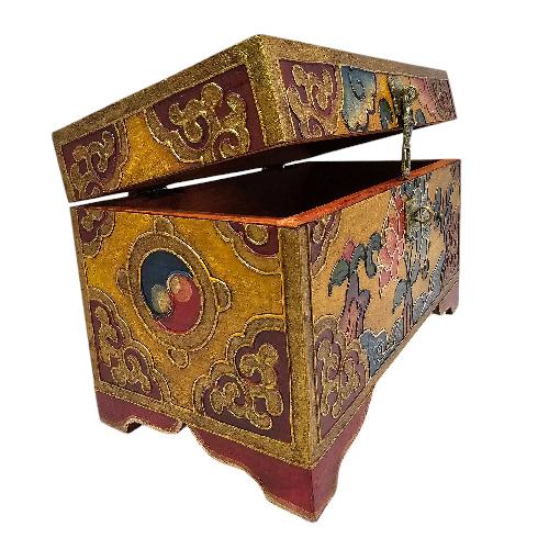 Tibetan Ritual Wooden [flower] Design Box, Traditional Color Painted