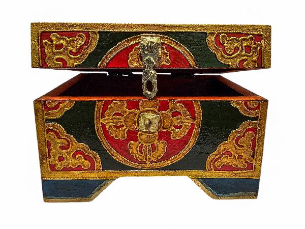 Tibetan Ritual Wooden [double Dorje] Design Box, Traditional Color Painted