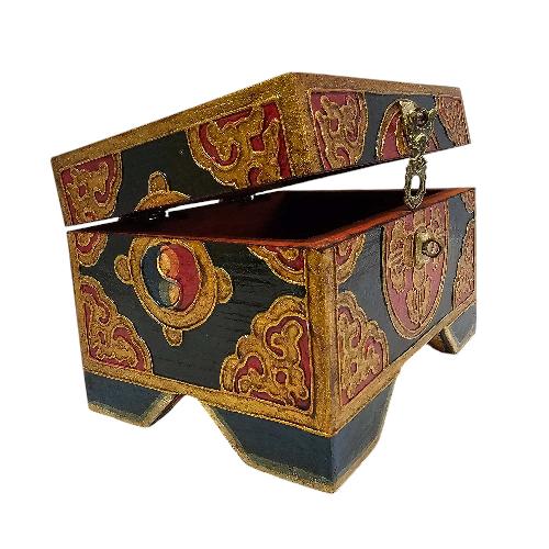 Tibetan Ritual Wooden [double Dorje] Design Box, Traditional Color Painted