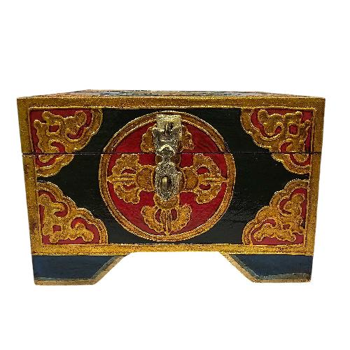 Tibetan Ritual Wooden [double Dorje] Design Box, Traditional Color Painted