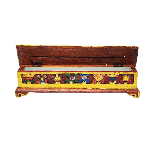 Tibetan Ritual Wooden Incense Burner, With [ashtamangala Design], Traditional Color Painted