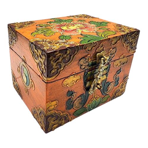 Buddhist Wooden Box, Tibetan Style With Traditional Colors