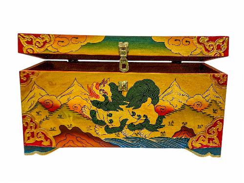 Buddhist Wooden Lion Box, Tibetan Style With Traditional Colors, Temple Lions