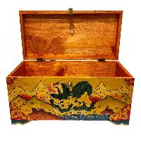 Buddhist Wooden Lion Box, Tibetan Style With Traditional Colors, Temple Lions