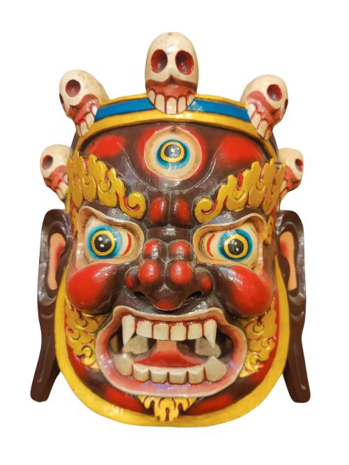 [bhairav], Handmade Wooden Mask, Wall Hanging, Painted, Poplar Wood, Painted Red