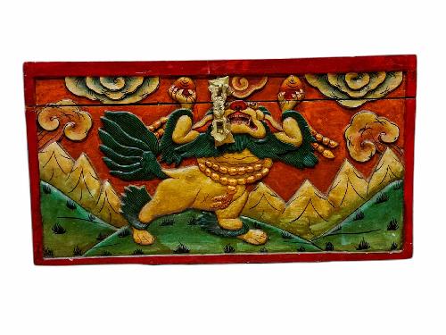 Buddhist Wooden Lion Carved Box, Tibetan Style With Traditional Colors