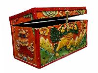Buddhist Wooden Lion Carved Box, Tibetan Style With Traditional Colors