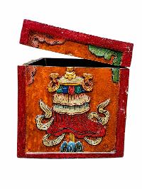 Buddhist Wooden Lion Carved Box, Tibetan Style With Traditional Colors