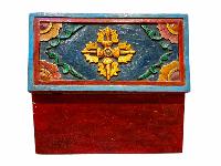 Buddhist Wooden Lion Carved Box, Tibetan Style With Traditional Colors