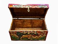 Buddhist Wooden Lion Carved Box, Tibetan Style With Traditional Colors