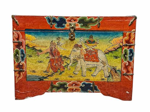Buddhist Wooden Box, Tibetan Style With Traditional Colors