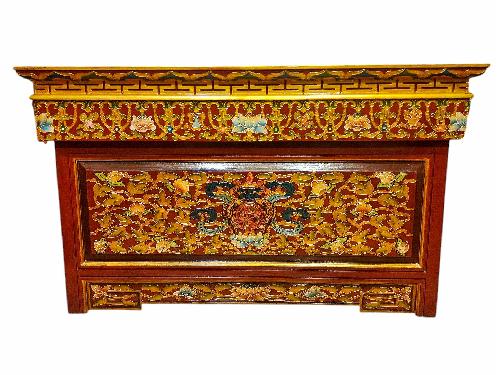 Large Tibetan Foldable Meditational Table With Fish And Flower Design, Wooden, [painted], Hand Carved