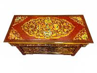 Large Tibetan Foldable Meditational Table With Fish And Flower Design, Wooden, [painted], Hand Carved