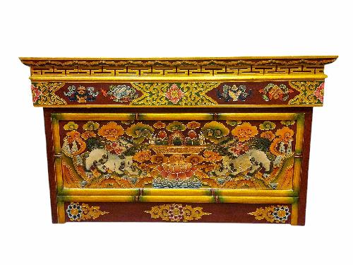 Large Tibetan Foldable Meditational Wooden Table With Temple Lion,[painted], Hand Carved