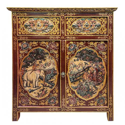 Tibetan Buddhist Cabinet With Two Drawers And Two Doors, [painted]