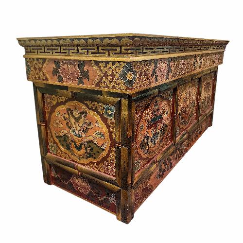 Large Tibetan Foldable Meditational Table Ashtamangala Design, Wooden, [painted], Hand Carved