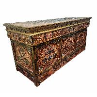Large Tibetan Foldable Meditational Table Ashtamangala Design, Wooden, [painted], Hand Carved