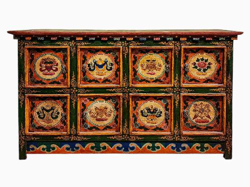 Tibetan Buddhist Cabinet With Ashtamangala, Two Drawers And Two Doors, [painted]