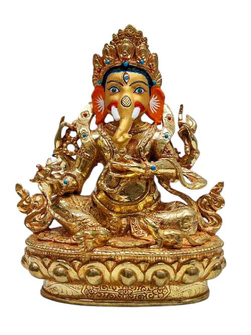 [ganesh], Tibetan Buddhist Handmade Statue, Gold Plated, Painted Face