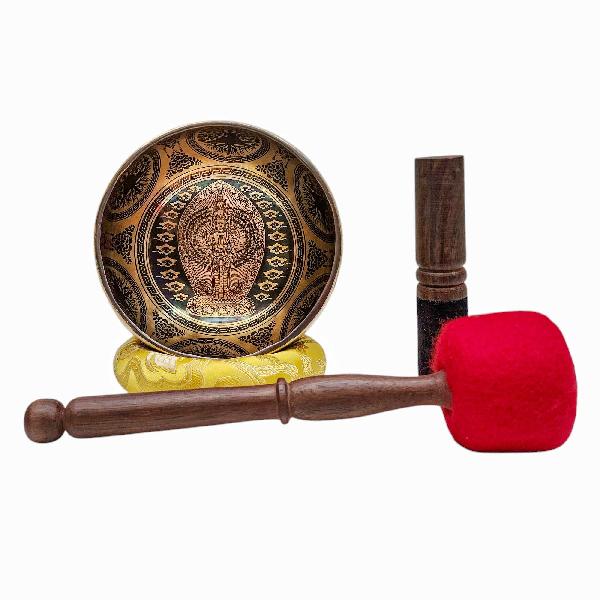 Singing Bowl, Buddhist Hand Beaten, With [sahasrabhuja Avalokitesvara] Carved Inside, [select Accessories], [select Accessories]