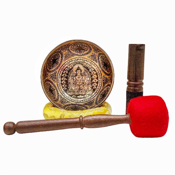 Singing Bowl, Buddhist Hand Beaten, With [chenrezig] Carved Inside, [select Accessories]