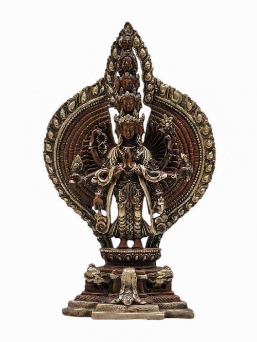 [sahasrabhuja Avalokitesvara], Buddhist Miniature Statue, [silver And Chocolate Oxidized]