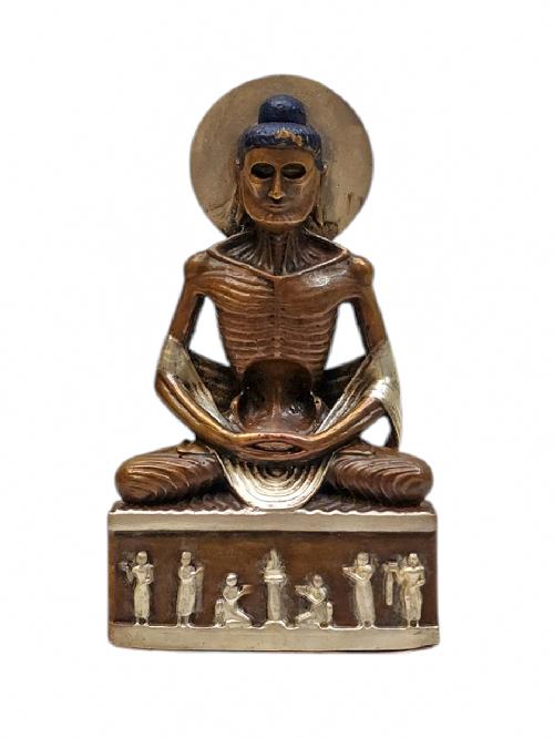 [fasting Buddha], Buddhist Miniature Statue, [silver And Chocolate Oxidized]