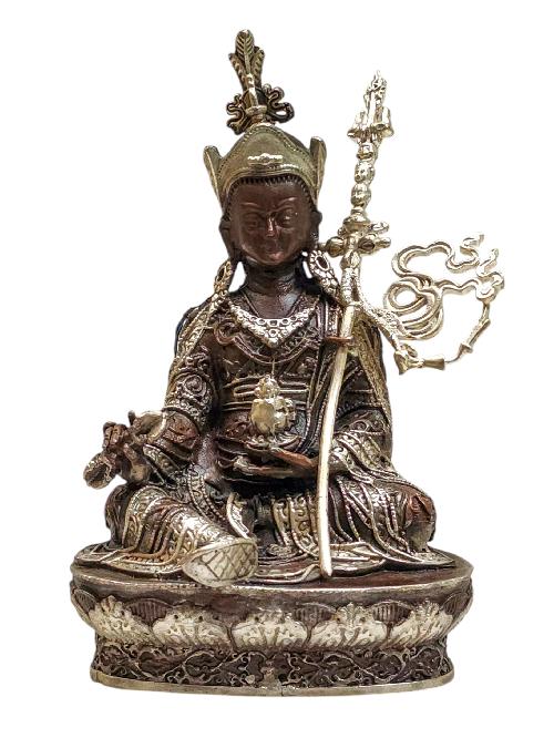 [padmasambhava], Buddhist Miniature Statue, [silver And Chocolate Oxidized]