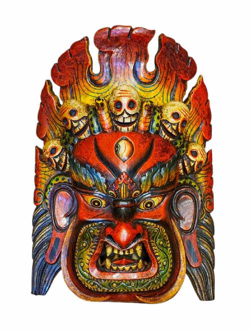[fire Bhairav], Handmade Wooden Mask, Wall Hanging, Painted, Poplar Wood, High Quality