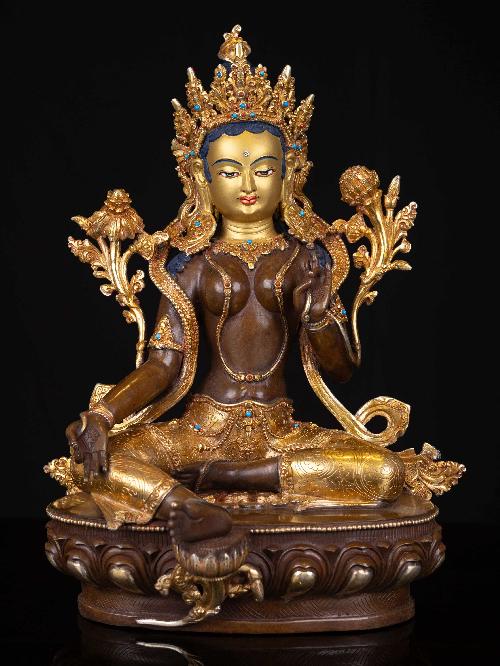[green Tara], Buddhist Handmade Statue, [partly Gold Plated], [face Painted], High Quality