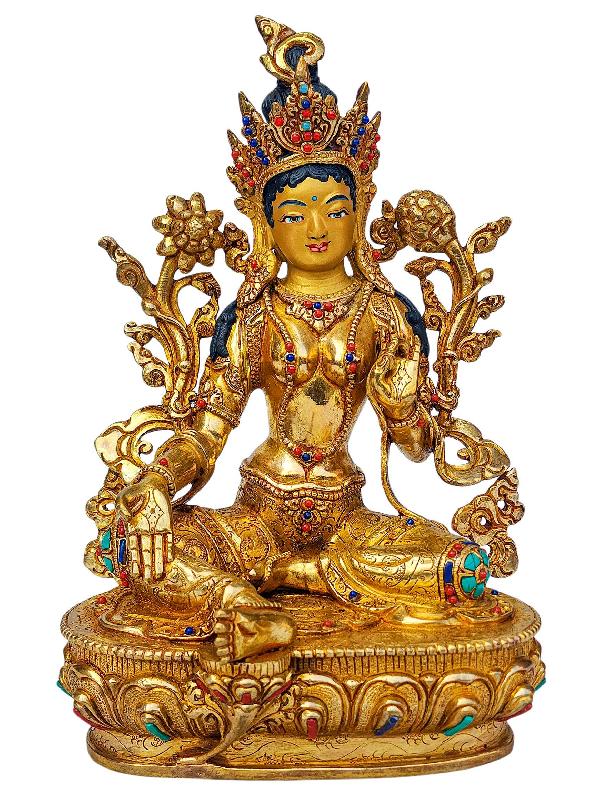 [green Tara], Buddhist Handmade Statue, [full Gold Plated], [face Painted], [stone Setting] And [high Quality]