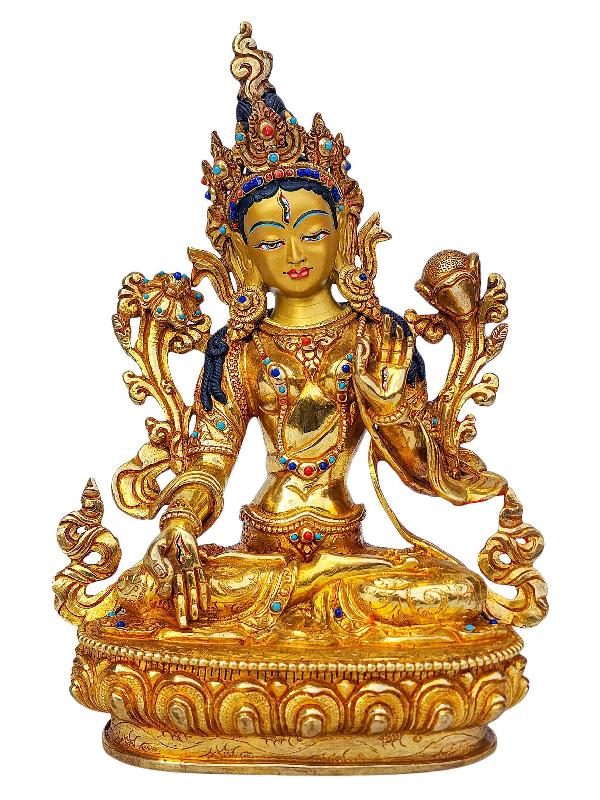 [white Tara], Buddhist Handmade Statue, [full Gold Plated], [face Painted], [stone Setting] And [high Quality]