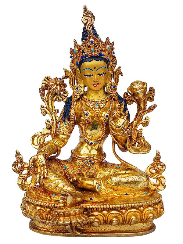 [green Tara], Buddhist Handmade Statue, [full Gold Plated], [face Painted], [stone Setting] And [high Quality]