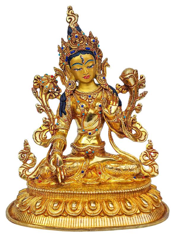 [white Tara], Buddhist Handmade Statue, [full Gold Plated], [face Painted], [stone Setting] And [high Quality]