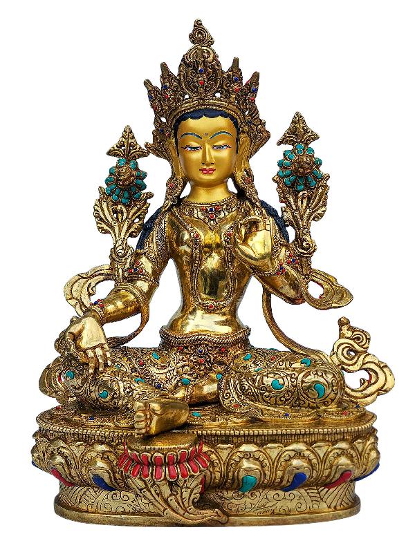 [green Tara], Buddhist Handmade Statue, [full Gold Plated], [face Painted], [stone Setting] And [high Quality]