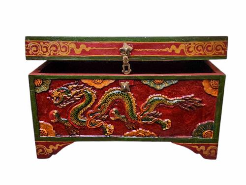 Buddhist Wooden Box With Dragon Carved,  Tibetan Style With Traditional Colors