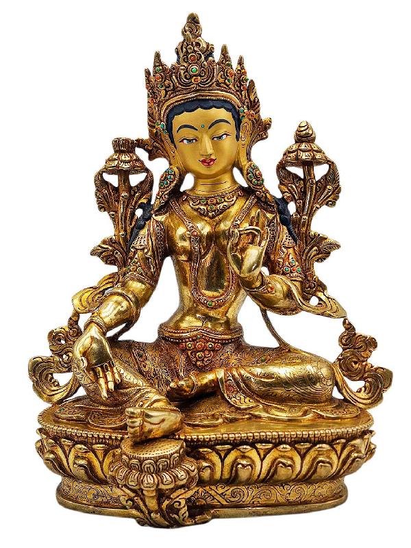 [green Tara], Buddhist Handmade Statue, [full Gold Plated], [face Painted] And [high Quality]