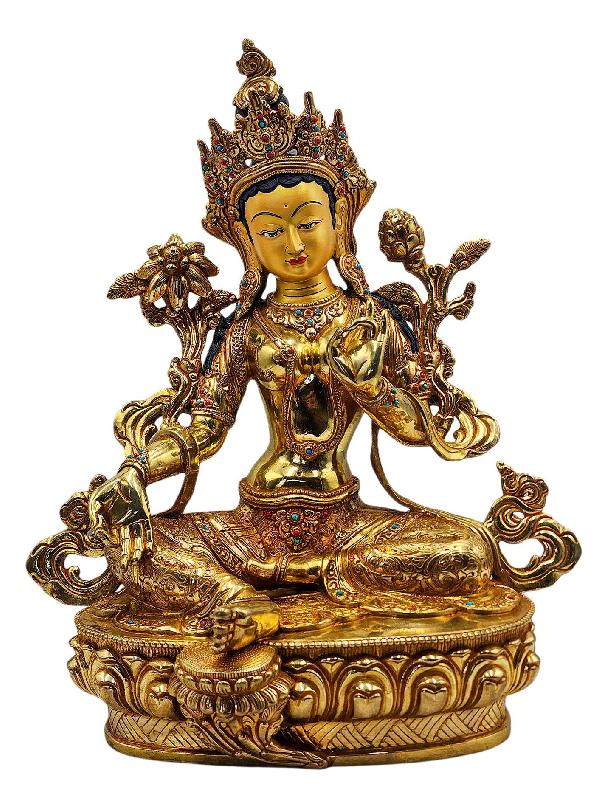 [green Tara], Buddhist Handmade Statue, [full Gold Plated], [face Painted], [stone Setting] And [high Quality]