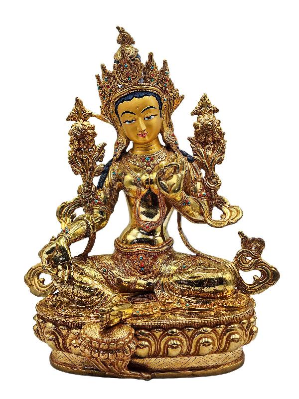 [green Tara], Buddhist Handmade Statue, [full Gold Plated], [face Painted], [stone Setting] And [high Quality]