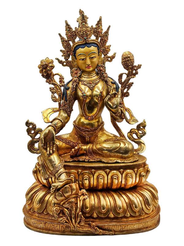 [green Tara], Buddhist Handmade Statue With Double Base, [full Gold Plated], [face Painted] And [high Quality]