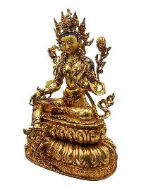 [green Tara], Buddhist Handmade Statue With Double Base, [full Gold Plated], [face Painted] And [high Quality]