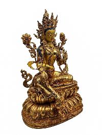 [green Tara], Buddhist Handmade Statue With Double Base, [full Gold Plated], [face Painted] And [high Quality]