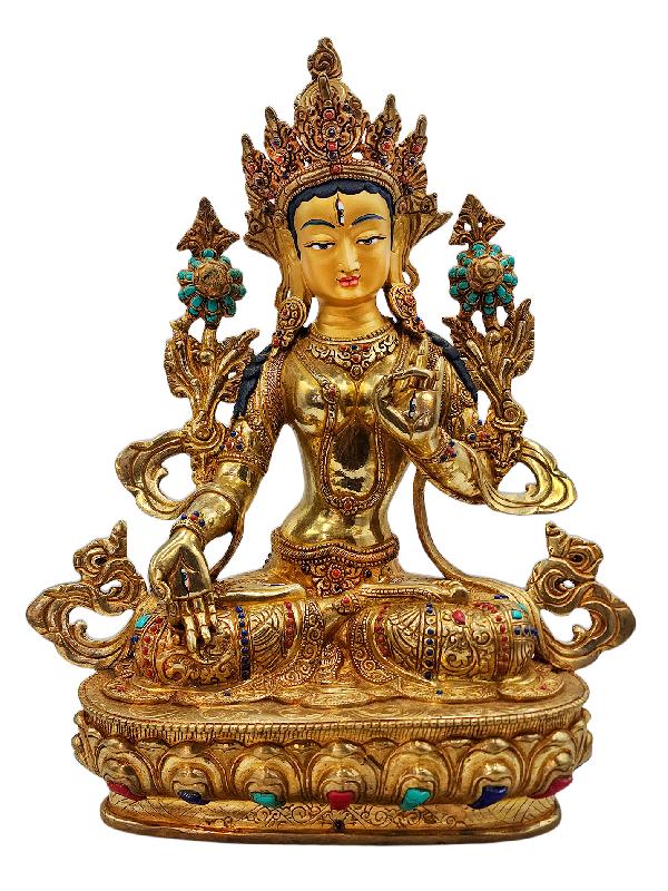 [white Tara], Buddhist Handmade Statue, [full Gold Plated], [face Painted], [stone Setting] And [high Quality]