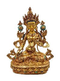 [white Tara], Buddhist Handmade Statue, [full Gold Plated], [face Painted], [stone Setting] And [high Quality]